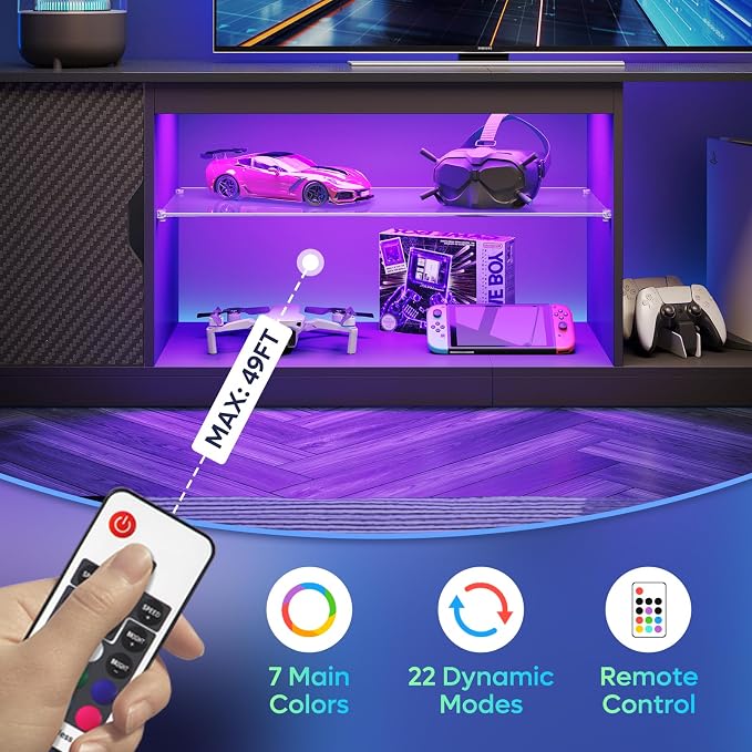 Bestier LED TV Stand with Storage for 65/70/75 Inch TV, Gaming Entertainment Center with Adjustable Glass Shelf for PS5 Xbox, Modern TV Console Table for Living Room, Black Large TV Stand Table - Image 3