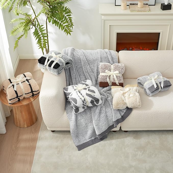 Amélie Home Knit Throw Blanket for Couch, Super Soft Fuzzy Cozy Throw, Giftable Knitted Blanket for Women Men, Birthday, Sofa Bed Living Room Decor, 60" x 80", Heather Beige