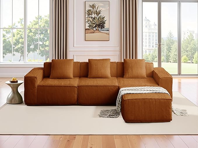 L-Shaped Corner Corduroy Sectional Sofa 4 Seat Modular Boneless Sofa Foam Cloud Couch with Movable Ottoman and Toss Pillows,Modern Deep Seat Convertible Chaise Sofa