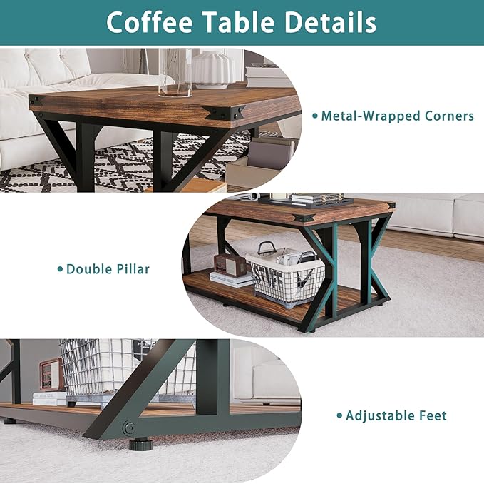 Modern Industrial Coffee Table for Living Room 43" Rectangle Accent Center Table with Storage Shelf & Metal Frame, Heavy Duty 2-Tier Cocktail Table Rustic Brown