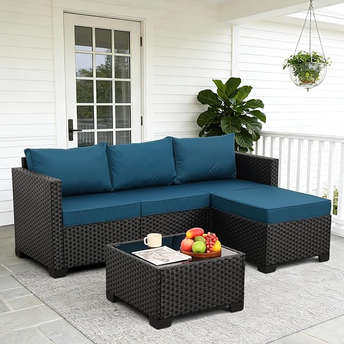 3 Pieces Patio Furniture Set Outdoor Sectional Wicker Patio Furniture Patio Couch with Ottoman and Outdoor Glass Table Weathering Anti-Slip Cushions Waterproof Covers, Peacock Blue