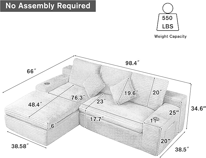 Cloud Compressed Modular Sectional Sofa, Comfy Corduroy Boneless Couch for Living Room, Modern L-Shaped Corner Couch with Cupholders and Extra Wide Chaise Lounge | Deep Seat, 11" Wider Armrest, Side Pockets, High-Resilience Foam, No Assembly Required