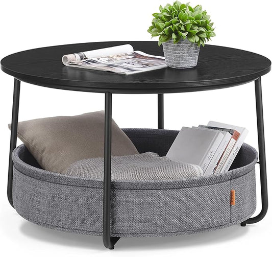 VASAGLE LILEA Collection - Coffee Table with Storage, Round Center Table for Living Room with Fabric Basket, Modern Style, Metal Frame, Ebony Black and Slate Gray ULCT244B56