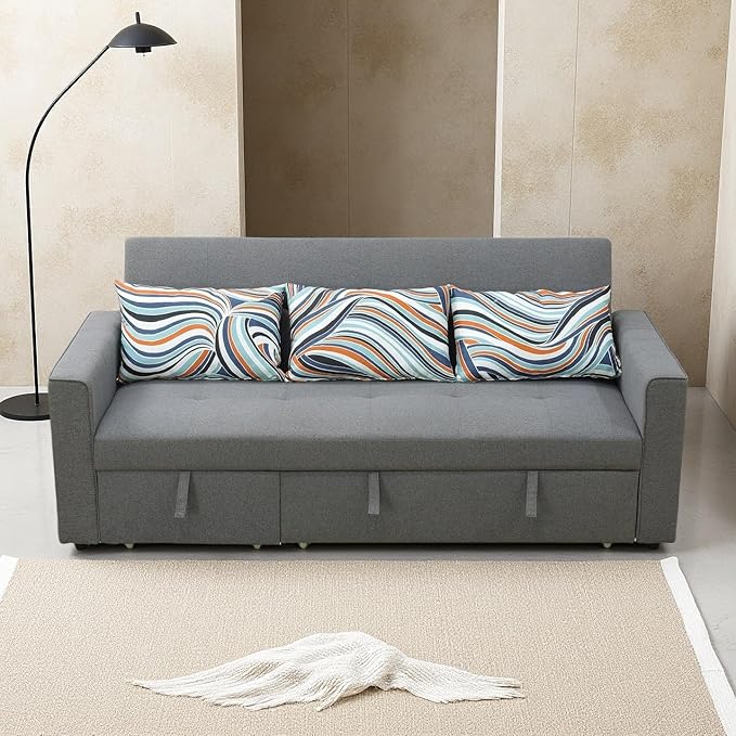 Convertible Sofa Bed Couch, 4 Seat Iron Frame Sectional Couches for Living Room with Storage for Apartment, Sleeper Sofa Couch with Pullout Bed, Light Grey