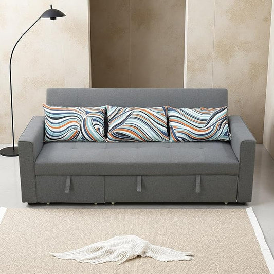 Convertible Sofa Bed Couch, 4 Seat Iron Frame Sectional Couches for Living Room with Storage for Apartment, Sleeper Sofa Couch with Pullout Bed, Light Grey