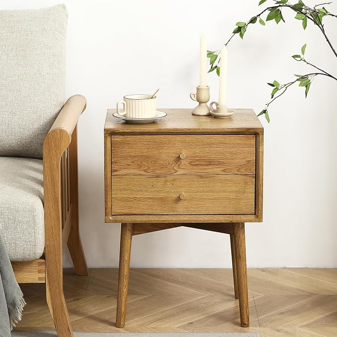 Solid Wood Bedside Table Nightstands, Mid-Century Natural Oak Modern End Table with Drawers Vintage Aesthetic Durable Real Wooden Cabinet Organizer for Bedroom, Light Walnut Color - Image 5