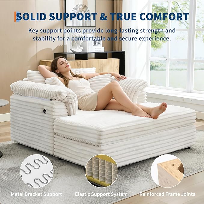 Oversized Chaise Lounge Chair 59 * 54 Inch Indoor Comfy Corduroy Cloud Sleeper Couch Upholstered Sofa Bed with USB Port Throw Pillows Supportive Armrests for Living Room