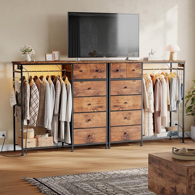 DUMOS Dresser for Bedroom with Hanging Rack, 6 Drawer Fabric Dresser with Charging Station and LED Lights, Closet Organizer & Storage Tower for Living Room, Entryway, Apartment, Rustic Brown - Image 9