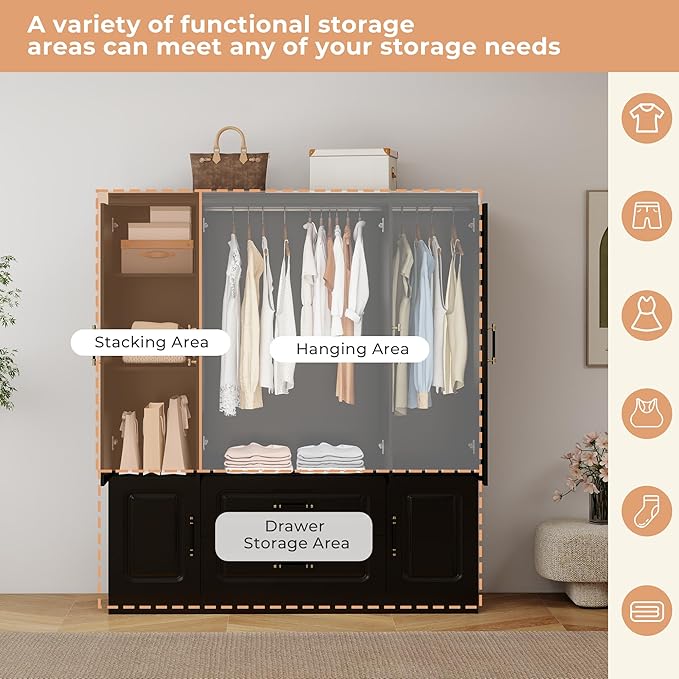 GraceGrove Armoire Wardrobe Closet with 4 Doors and 2 Hanging Rods, Armoire Wardrobe Closet Cabinet with 2 Drawers, Wood Closet Storage Wardrobe, Tall Armoires and Wardrobes Cabinet Black