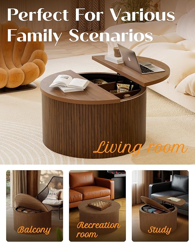 Fluted Round Lift Top Coffee Table with Storage, 31.5" Walnut Small Circle Wood Center Table for Living Room