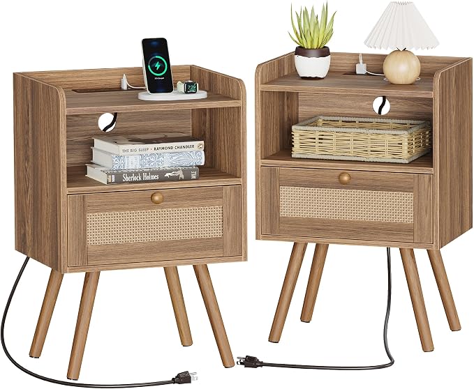 SUPERJARE Nightstands Set of 2, Night Stands with Charging Station & PE Rattan Decor Drawer, Bed Side Tables with Solid Wood Feet, End Table, for Bedroom, Living Room, Walnut by SUPERJARE