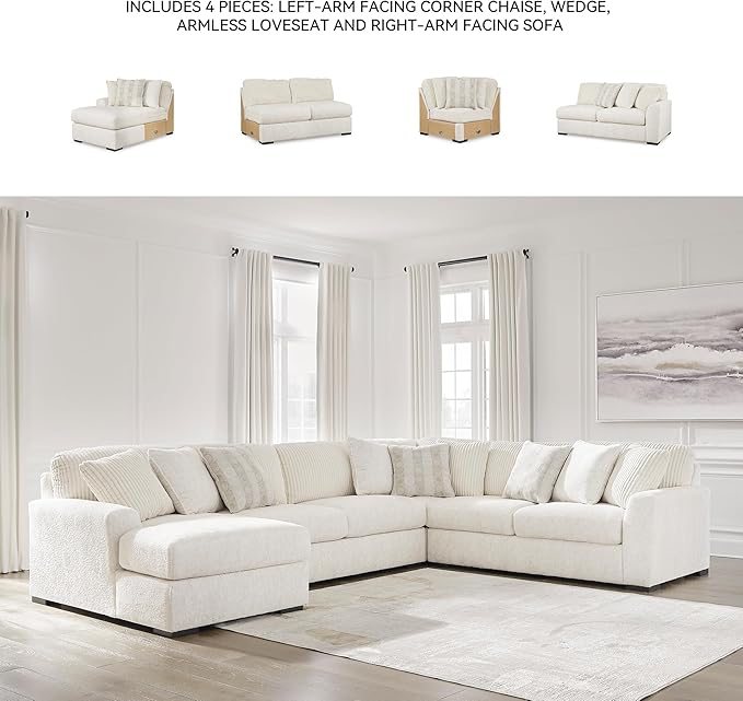 Signature Design by Ashley Chessington Modern U-Shaped Anti Sag 4-Piece Sectional with Chaise, Reversible Seat Cushions and 9 Accent Pillows, White