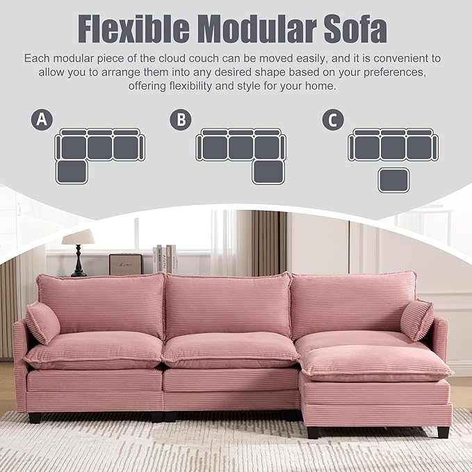 Modular Sectional Sofa Couch with Reversible Ottoman, 103" Oversized Corduroy Cloud Couch, 3 Seat Sectional Sofa with Solid Wood Frame and Side Pockets,for Living Room & Apartment