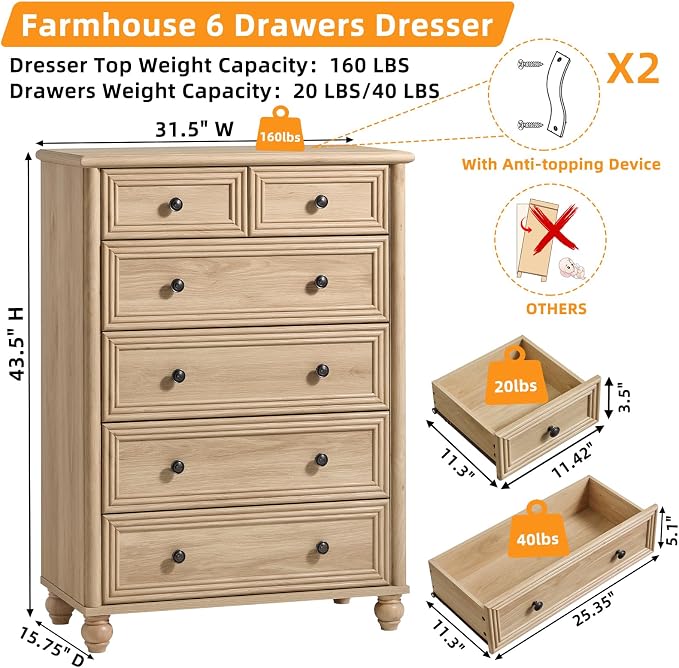 RWYHG Farmhouse 6 Drawer Dresser Set of 2, Natural Chest of Drawers, 43.5" Tall Dressers for Bedroom with Roman Column and Metal Handles, Wood Storage Organizer for Living Room, Hallway, Closet - Image 2