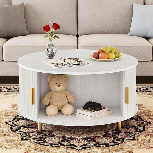 DHH Round Coffee Table, 31.5" Mid Century Modern Coffee Table with 360° Sliding Tambour Door, Fluted Accent Coffee Table with Storage Adjustable Footpads for Living Room (White)
