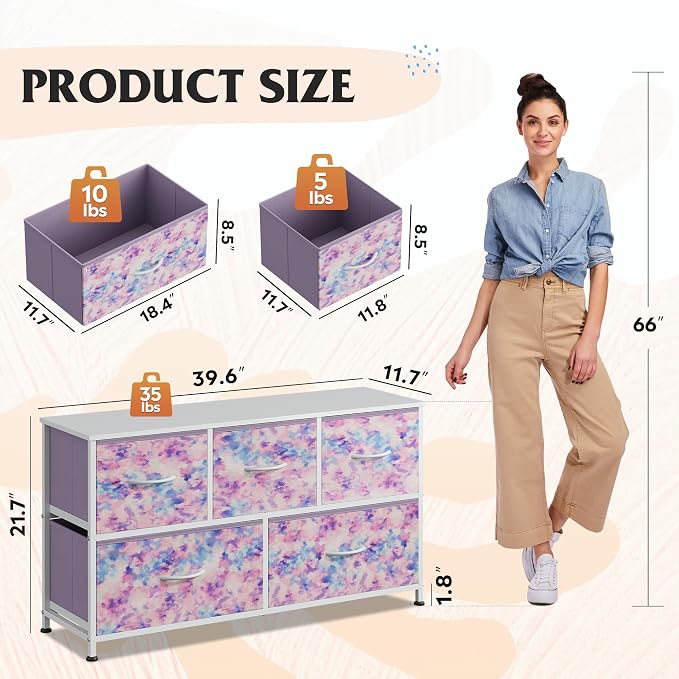 WLIVE Dresser for Bedroom with 5 Drawers, Wide Chest of Drawers, Fabric Dresser, Storage Organizer Unit with Fabric Bins for Closet, Living Room, Hallway, Tie-dye Print (Pink, Purple, Blue) - Image 3