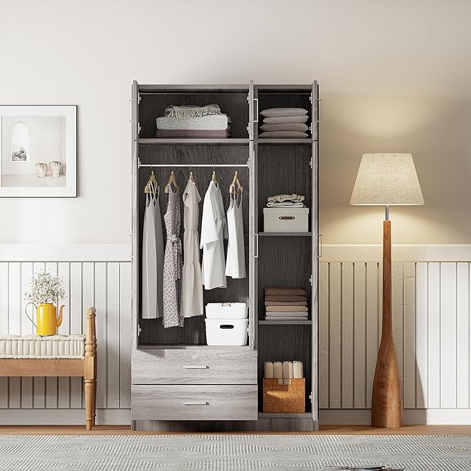 Merax 3 Doors Wardrobe with Mirror Door and Top Cabinet, Wooden Closet Wardrobe Organizers with Hanging Rail, 2 Drawers and 4-Tier Storage Shelves for Bedroom, Laundry Room, Gray