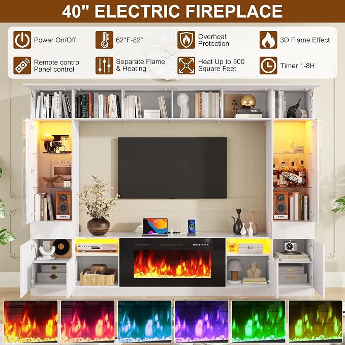 107" Wall Unit Entertainment Center with 40" Electric Fireplace & Bookshelves, Modern High Glossy TV Stand with Storage Shelves & Bridge Cabinet & LED Lights, Media Console for Living Room,White - Image 6