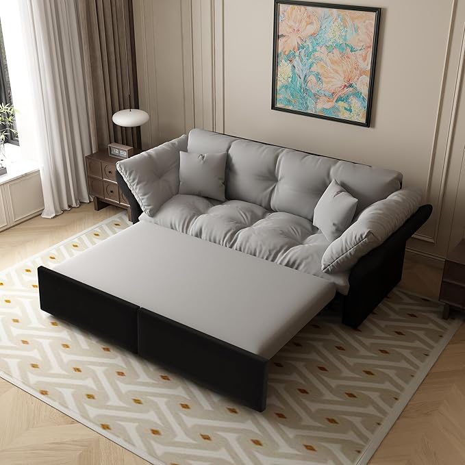 Eafurn 3-in-1 Convertible Sofa Bed Queen Size Pull Out Sleeper Sofa with Skin-Friendly Velvet Fabric, Multi-Functional Loveseat with Pillow Armrest for Guest Room & Living Room