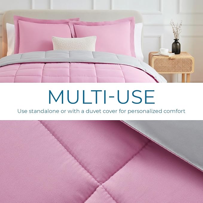 Nestl 3 Piece Quilted Down Alternative Comforter - California King Size with 2 Pillow Shams - All Season Pink/Light Grey Comforter with Corner Tabs