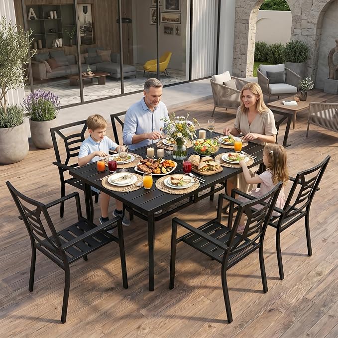 7 Piece Outdoor Patio Dining Sets, 60" Rectangular Metal Dining Table with Umbrella Hole & 6 Stackable Metal Chairs, Weather Resistant Garden Furniture Set for Backyard, Deck, Porch - Image 2