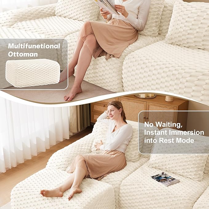146" U-Shaped Compressed Sectional Cloud Sofa, Flannel Upholstered Modular Deep Seat Sofa with 6 Pieces, Symmetrical Boneless Foam Modular Cloud Couches for Living Room