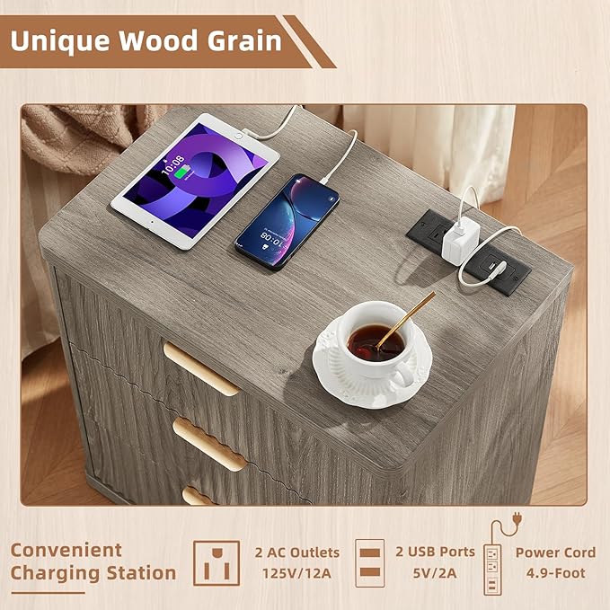 LEYAOYAO 48" Wide Fluted Dresser and 3 Drawers 23" Nightstand Set of 2, Wooden Dresser & Night Stand with Charging Station, 3 Piece Bedroom Furniture Set, Wood Chest of Drawer for Living Room,Grey