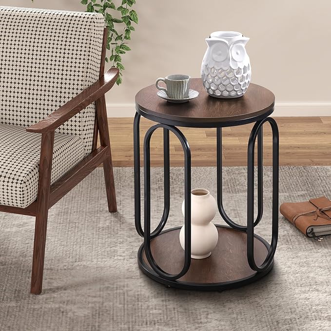 BECHAEO Small Side Table, 19.7" 2-Tier Round Bedside Table with Storage, Wood Industrial Design End Tables for Living Room, Bedroom, Office, Bathroom, Classic Walnut