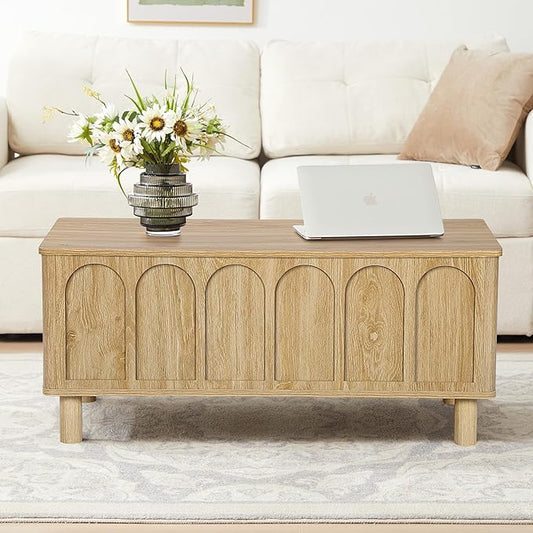 Lift Top Coffee Table with Arched Finish, Modern Coffee Table with Lifting Tabletop & Hidden Storage, Wood Center Table for Living Room,Convenient for Dining, Gaming or Working (Natural)