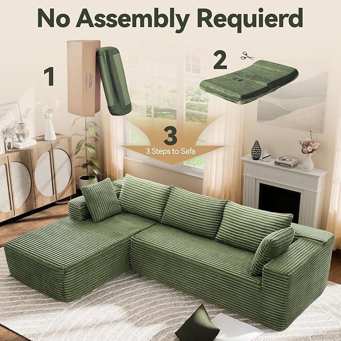 106" Modular Sectional Sofa, Green Corduroy Cloud Couch with Right Chaise, Deep Seat Boneless Floor Sofa for Living Room, High-Resilience Foam Support, No Assembly Required, Includes Pillows | Sectional Sofa, Corduroy Cloud, Boneless, High-Resilience, ...