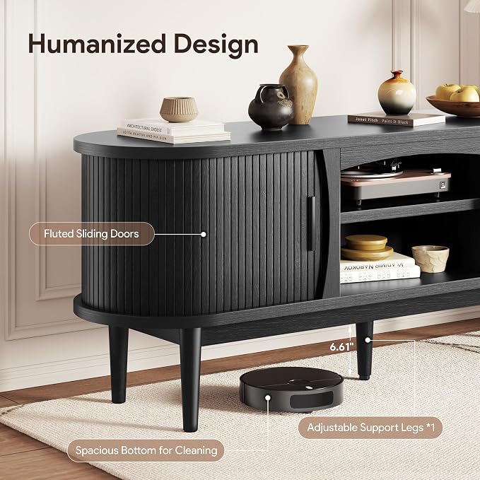 Decofy Mid Century TV Stand for TVs up to 65 Inches, Entertainment Center with Storage, Power Outlet, Fluted Sliding Doors & Adjustable Shelves, Modern Media TV Console Table for Living Room (Black) - Image 5