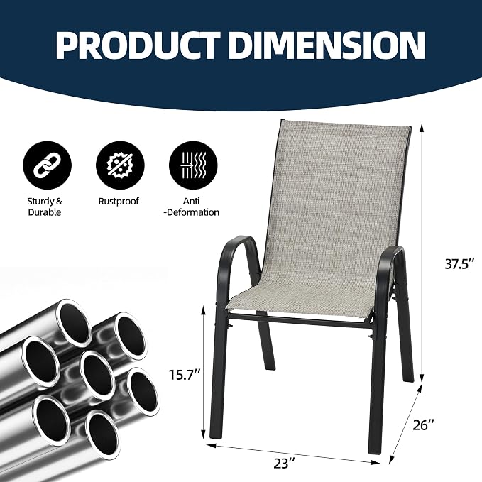 HOMREST Patio Chairs Set of 4,Outdoor Dining Chairs with Armrests,Backyard Stackable Chairs with Breathable Fabric & Metal Frame for All Weather, Grey - Image 3