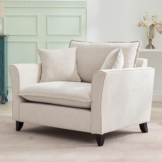 46.3 Inch Oversized Armchair Chenille Fabric Chair and a Half Single Sofa with Pillow Removable Washable Covers Rubberwood Legs Ruffled Armrests for Living Room Bedroom Office Apartment, Cream