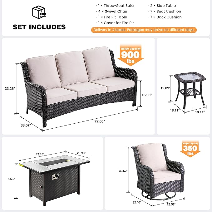 ovios 8-Piece Patio Furniture Set with Swivel Chairs Coffee Table, Outdoor Wicker Sofa with 42" Fire Pit Table, High Back Couch Modern Conversation Sets, Brown/Beige