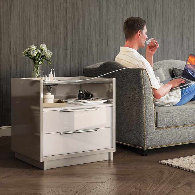 AMERLIFE Nightstand Set of 2, 23.6" High Gloss End Table with Glass Tabletop, Modern Bedside Table with Charging Station, 2 Drawers Nightstand for Bedroom, Cream & Gray - Image 8