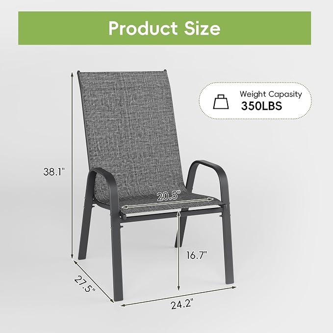 Patio Chairs Set of 2, Outdoor Dining Chairs Stackable for All Weather, Breathable Metal Modern Outside Furniture Chair for Pool Side, Garden, Backyard Deck, Dark Grey - Image 3