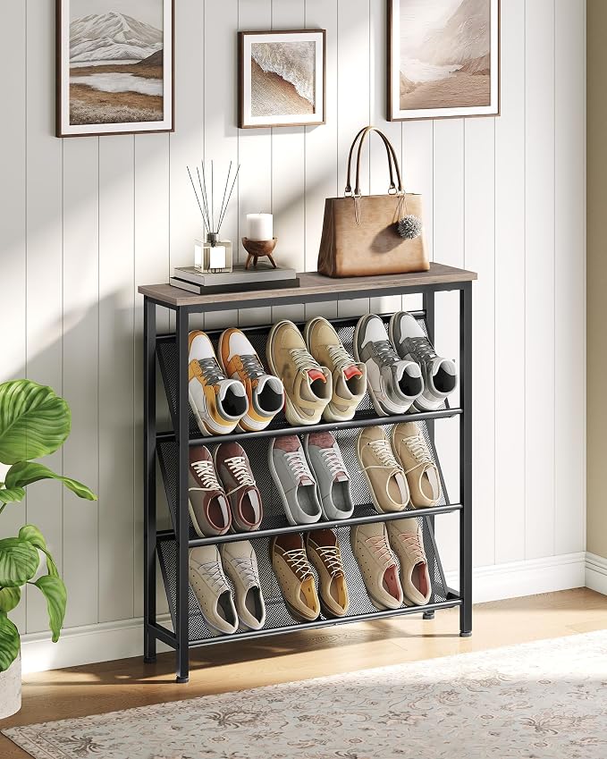 CHOEZON Shoe Rack, 4-Tier Slanted Shoe Storage Shelf, Narrow Shoe Rack for Entryway, Shoe Organizer with Adjustable Feet, Slim Shoe Shelf with Wooden Top and Metal Frame, Greige and Black TXJ75BG - Image 2