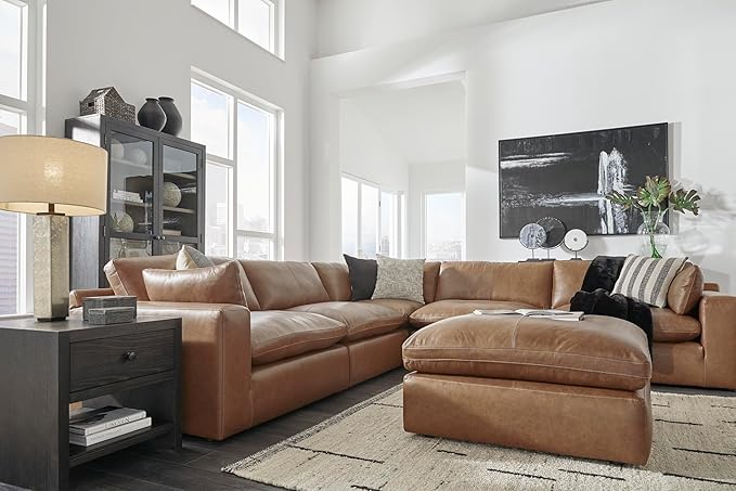 Signature Design by Ashley Emilia Modern Modular Leather Match 5-Piece Sectional with Loose Back Cushions and 2 Bolster Pillows, Light Brown
