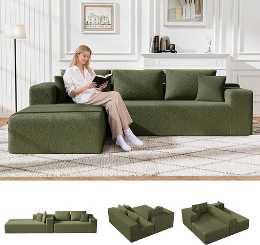 105" Cloud Sectional Couch with L-Shape Chaise,Modern Modular Sofa with Deep Seat, Fluffy Boneless Couches for Living Room Bedroom,No Assembly Required, Green (Plush Wool Fabric)