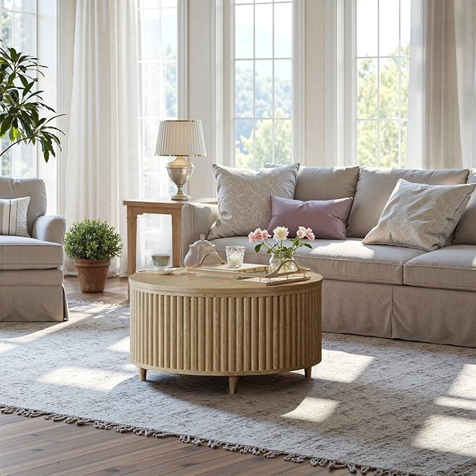 Evermagin 31.5'' Walnut Round Coffee Table, Fluted Lift Top Coffee Table with Large Storage, Mid Century Modern Small Center Table for Living Room