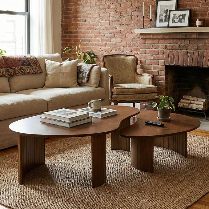 35.5 Inch Mid Century Modern Walnut Small Coffee Table for Small Spaces, Sturdy Wood Center Table with Irregular Mango Top and Fluted Legs for Living Room, Apartment
