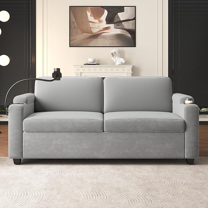 Merax 72.8" Corduroy Sleeper Sofa Bed with Full Size Mattress, Futon Couches with USB Ports | Phone & Cup Holders| Side Pockets,Pull Out Couch for Living Room, Small Loveseat, Grey
