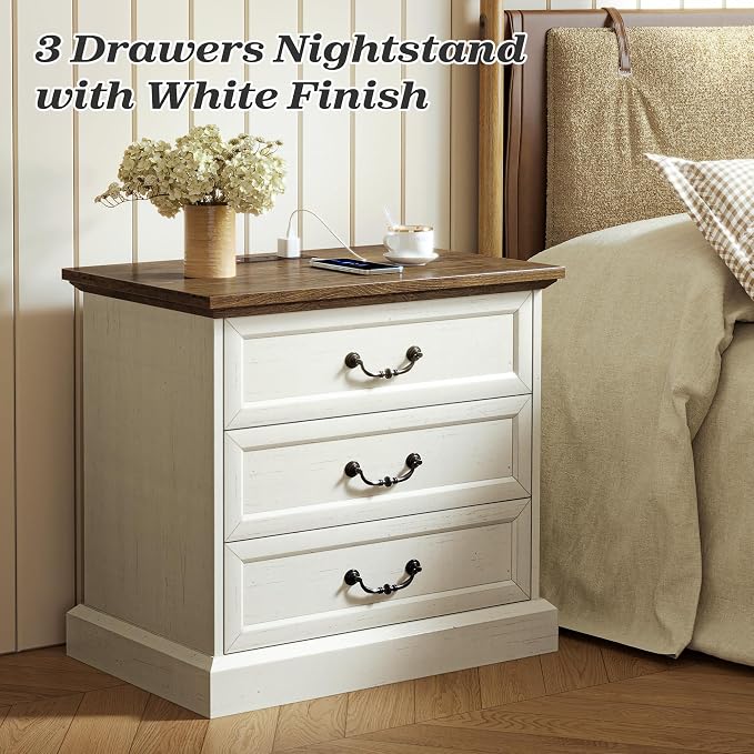 Huuger Nightstand with Charging Station, 3 Drawer Night Stand, 22 Inch Wider Side Table with Storage, Farmhouse Nightstand with Vintage Handles, Thicken Base, for Bedroom, Distressed White - Image 3