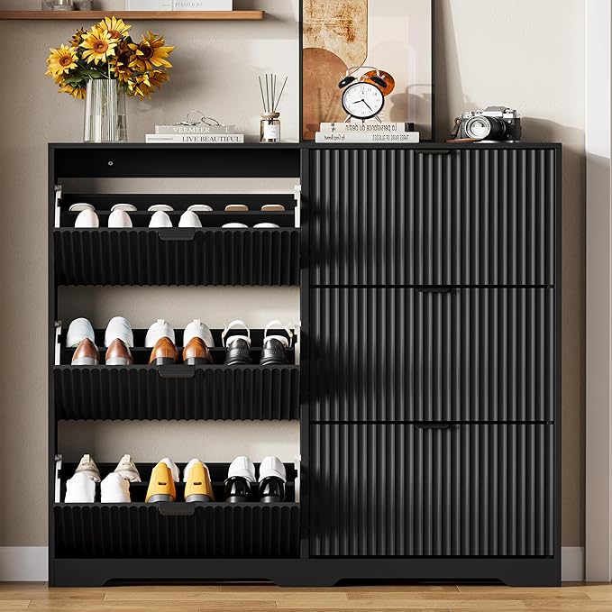 HUANLEGO Shoe Cabinet Storage for Entryway with 6 Flip Drawers, Black Fluted Shoe Cabinet with Adjustable Shelves, Wooden Hidden Shoe Rack Freestanding Narrow Slim Shoes Storage for Hallway, Entrance - Image 3