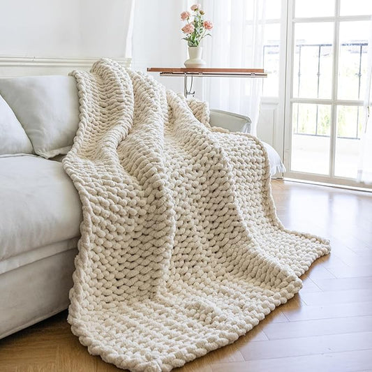 Chunky Knit Blanket - Luxury Soft Cozy 60 * 80 Throw Blanket,100% Woven Blanket Rope Knot Throw Blanket for Couch, Sofa, Home Decor, Gift - Machine Washable (Cream, 60 * 80)