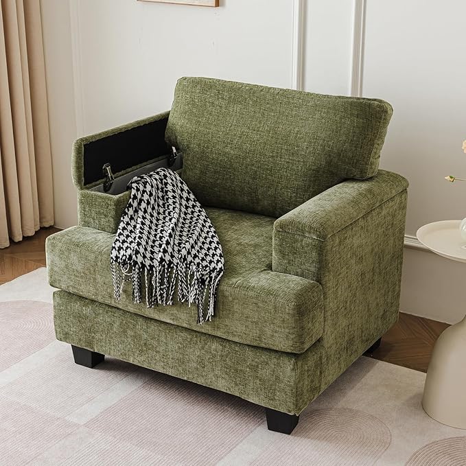 Oversized Living Room Chairs Set of 2,Comfy Accent Chair with Armrest Organizer,Upholstered Modern Armchair Thick Cushion,Big Reading Chair,Sofa Chair for Bedroom,Green