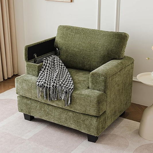 Oversized Accent Chair with Armrest Organizer,Comfy Living Room Chairs with Thick Cushion,Upholstered Modern Armchair,Big Reading Chair,Sofa Chair for Bedroom,Green