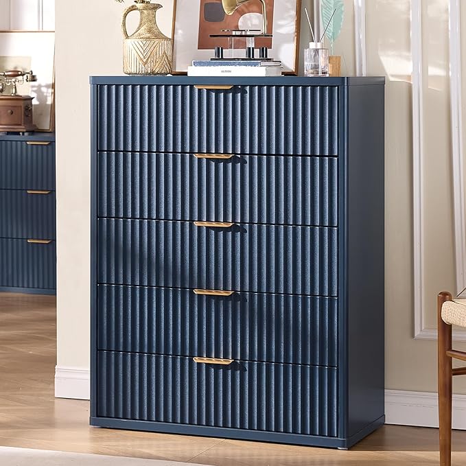 LEYAOYAO Fluted 5 Drawers Dresser Set of 2, 41" Tall Modern Chest of Drawers with Metal Handle, Curved Profile Dresser TV Stand, Wooden Drawer Organizer for Bedroom, Living Room, Hallway, Navy Blue - Image 5