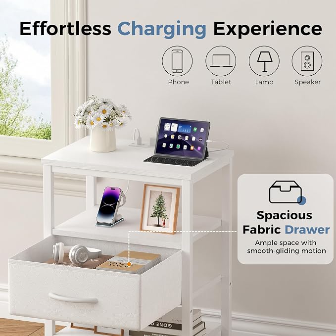 OLIXIS Nightstand with Charging Station, Bedside Tables with USB Ports and Fabric Drawer, Small Night Stand with Open Adjustable Shelf, Compact End Table for Bedroom, White - Image 4