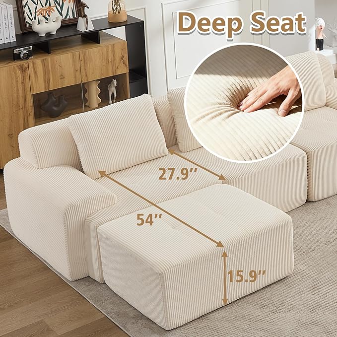 KIGOTY Modular Sectional Sofa Set, 5 PCS Comfy Cloud Sectional Couch with Deep Seat, Sleeper Sofa Bed with Ottoman, Modern Boneless Couch for Living Room, No Assembly Required,White